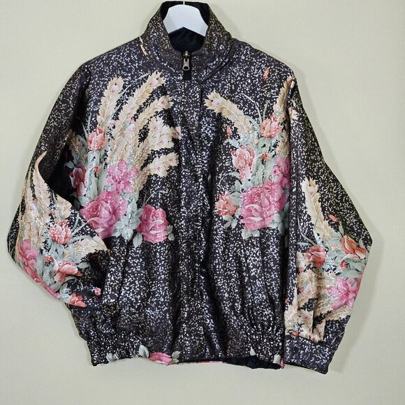 Hanarum Jacket Womens OS Reverisble Black Floral Zip Satin Shimmer VTG Boho Goth - Picture 1 of 14